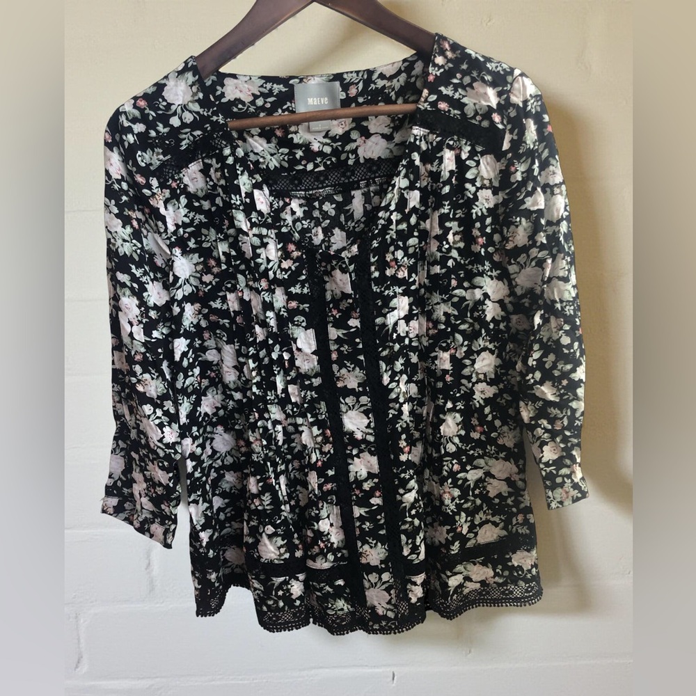 Maeve Anthropologie Black Floral Button down top